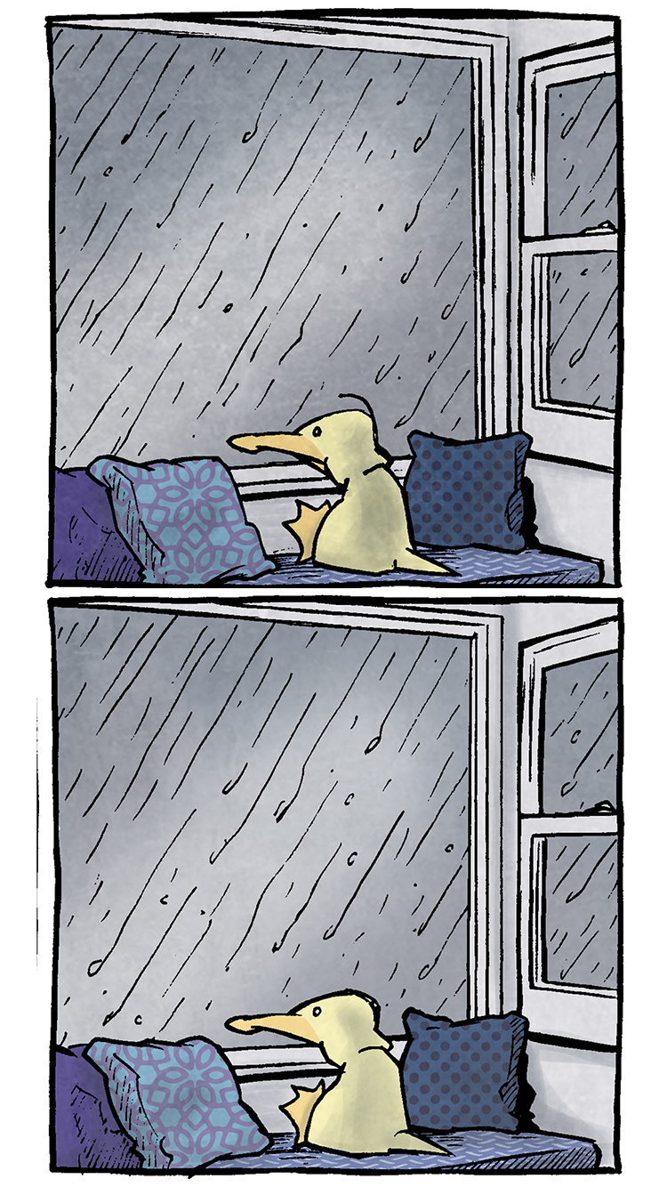 ### Comic Description and Transcript:

**Panel 1**  
Arthur, a yellow duck, sits on a windowsill seat during a rainstorm. He gazes out the window, looking contemplative. Rain streaks down the glass, and the sky is gray.  

(No dialogue.)  

**Panel 2**  
The scene remains the same, with Arthur still staring outside as rain pours.  

(No dialogue.)  

**Panel 3**  
A slight warm glow from the right appears, Arthur looks up in curiosity.

(No dialogue.)  

**Panel 4**  
Flaco, a green lizard, peeks in from the right with a yellow sun balloon. Arthur looks at him.

(No dialogue.)  

**Panel 5**  
Arthur looks up at the yellow sun balloon as Flaco hands it to him.

(No dialogue.)  

**Panel 6**  
Arthur takes the balloon string in his beak. Flaco looks pleased.

**Panel 7**
Flaco sits on the seat with Arthur, balloon string in his beak, and they hug and look very happy. The warm yellow fills the window, only a little rain seen on the window.

(No dialogue.)  

---

Want 5,000 more comics like this? Join us at Patreon.com/sheldoncomics for the *FULL* Sheldon archives, art giveaways, fun community, and more! Sheldon Comics copyright Dave Kellett. Colors by Beth Reidmiller.