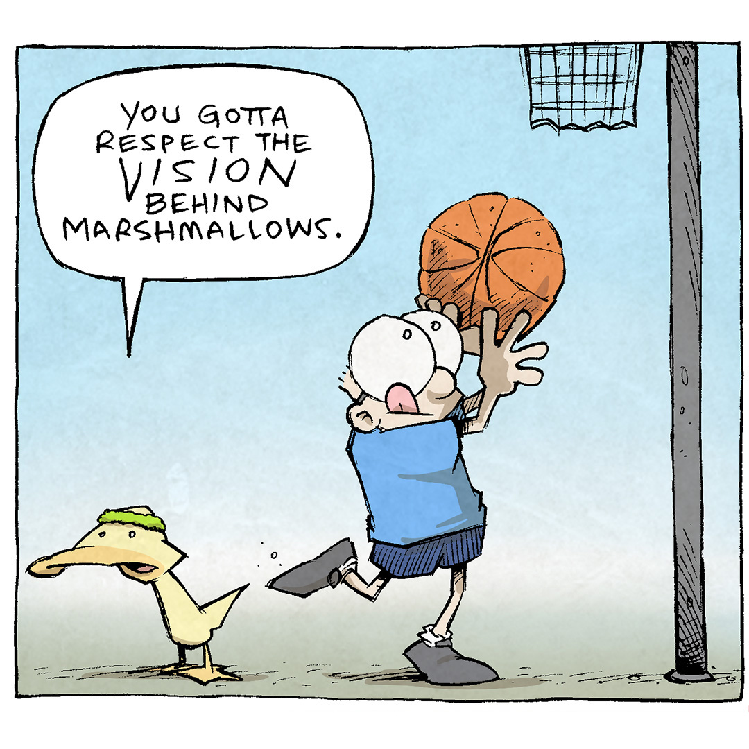 Transcript and Description of the Comic
Panel 1: Arthur, the yellow duck, is standing in the foreground, looking at Sheldon, a boy with glasses and a blue shirt, who is jumping to dunk a basketball into a hoop. Arthur speaks:
Arthur: "You gotta respect the vision behind marshmallows."

Panel 2: A close-up of Arthur as he explains further, with a thoughtful expression.
Arthur: "At one point, there was a human trudging through a bog, looking at nasty mallow plants...
 Arthur continues speaking with emphasis.
Arthur: "...but they saw potential."

Panel 3: A scene in an old bog. A villager wearing medieval clothes is knee-deep in water, holding up a mallow plant triumphantly. Another villager wearing a headscarf stands nearby, listening.
Villager: "Hear me out, hear me out: WITH HOT CHOCOLATE!?!"

Alt Text: Want 5,000 more comics like this? Join us at Patreon.com/sheldoncomics for the FULL Sheldon archives, art giveaways, fun community, and more! Sheldon Comics copyright Dave Kellett. Colors by Beth Reidmiller.
