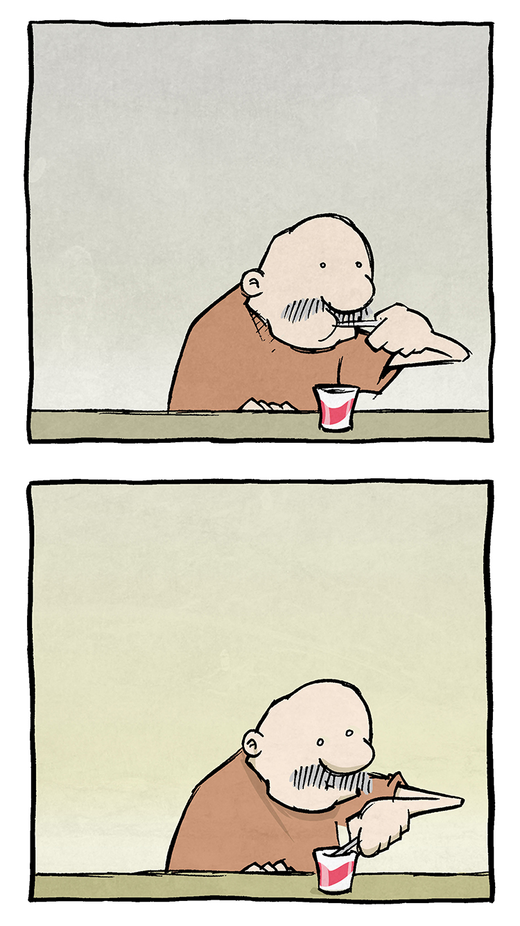 Here is the transcript and description of the comic you uploaded:

Transcript and Descriptions:
Panel 1: Gramp, an older man with a bald head and mustache, sits at a table eating yogurt from a small cup. He looks calm and focused on his snack.
(No dialogue.)

Panel 2: Gramp continues eating his yogurt.
(No dialogue.)

Panel 3: Arthur, mid-leap, dramatically yells: ARTHUR: "UNEXPECTED YOGURT CANNONBALL!"
Gramp looks startled, his eyes wide in shock as Arthur flies toward him.

Panel 4: Arthur collides with the yogurt cup: SFX: "THOONK"
Gramp flails.

Panel 5: The yogurt cup and Arthur are now off panel, only left is: SFX (Arthur): “skiiiiiiiid”
Gramp watches in disbelief.

Panel 6: Arthur, pop backs in frame with the yogurt cup stuck on his butt, exclaims dramatically: ARTHUR: "Sweet buttered ham, I HAVE NEVER FELT MORE ALIIIIIIIIVE!"
Gramp glares at him in stunned silence.

Want 5,000 more comics like this? Join us at Patreon.com/sheldoncomics for the FULL Sheldon archives, art giveaways, fun community, and more! Sheldon Comics copyright Dave Kellett. Colors by Beth Reidmiller.
