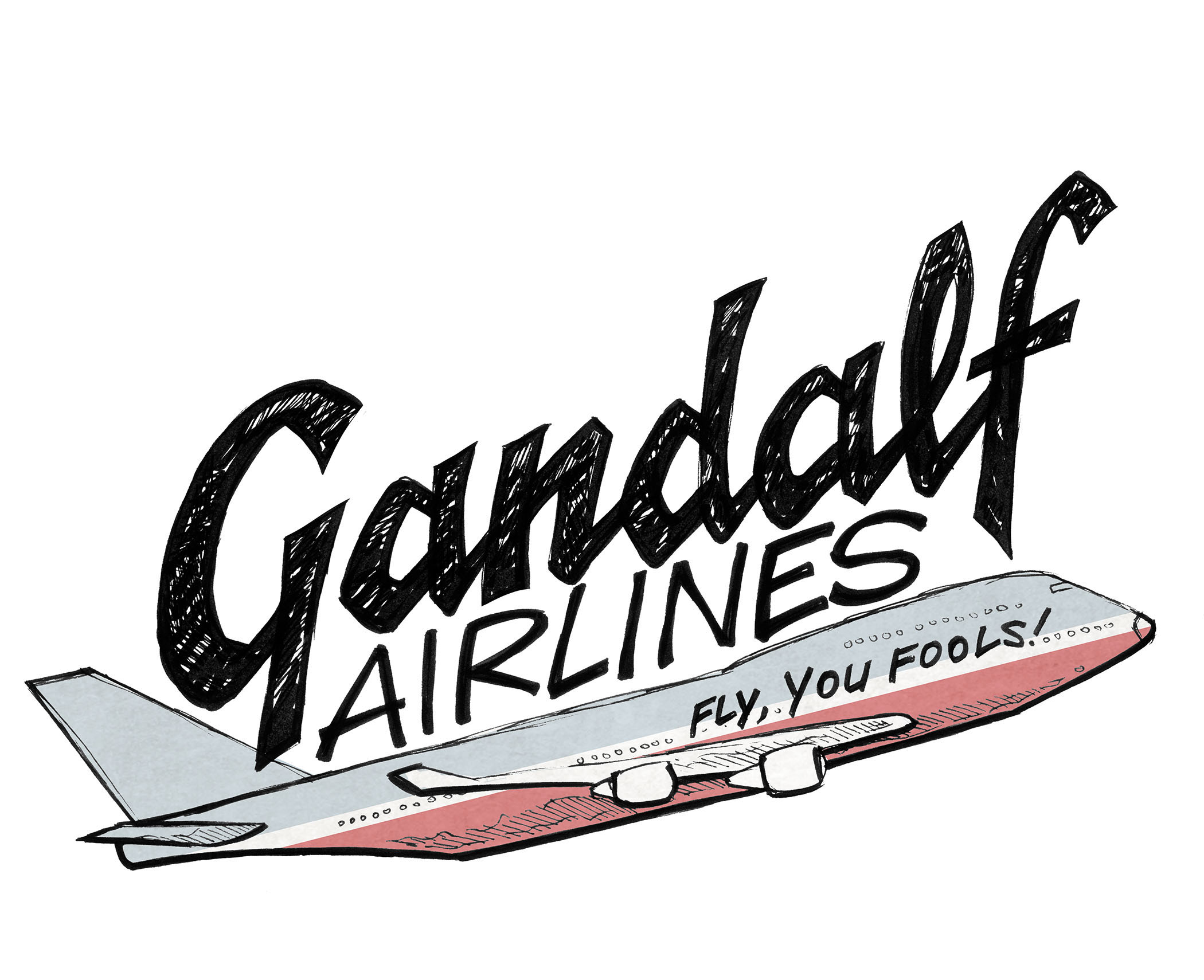 This comic applies Gandalf the Grey’s famous quotes with airline advertising. In bold text “Gandalf Airlines”, over a commercial airplane with the tagline “Fly, You Fools!” Written on the side. 

Below, Gandalf with a wide grin holds up two sodas. 

“We’re the servants of the secret fire…AND YOU!”
“It is the small, everyday deeds of ordinary folk that keep the darkness at bay. …Which is why we offer TWO sodas per flight!”

At the bottom in smaller text: “LEGAL NOTICE: Our planes are never late - nor are they early. They arrive precisely when they mean to.”

Want 5,000 more comics like this? Join us at Patreon.com/sheldoncomics for the *FULL* Sheldon archives, art giveaways, fun community, and more! Sheldon Comics copyright Dave Kellett. Colors by Beth Reidmiller